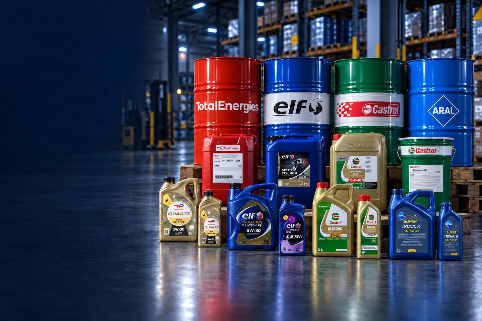 Gebinde von TotalEnergies, elf, Castrol und ARAL in einer Lagerkulisse